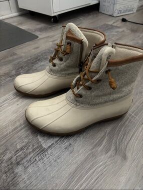 Sperry Cream and Gray Winter Duck Boots with Brown Trim